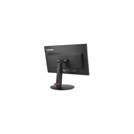 Lenovo computer monitor shown from the back on a clean white background, featuring a black stand with a small red accent.