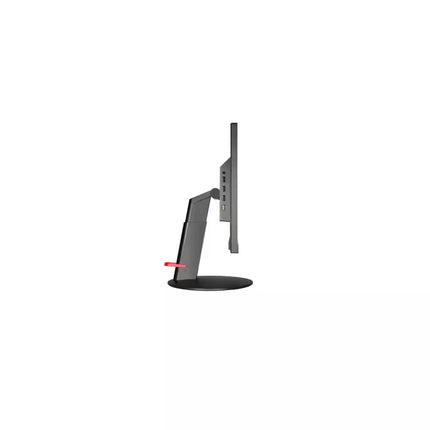 A side profile view of a modern computer monitor with a dark gray stand and base on a plain white background.