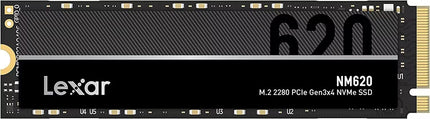 Lexar NM620 512GB M.2 2280 PCIe Gen3x4 NVMe SSD with integrated heat spreader, shown on a white background.