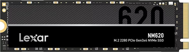Lexar NM620 512GB M.2 2280 PCIe Gen3x4 NVMe SSD with integrated heat spreader, shown on a white background.