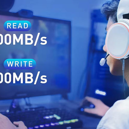 Lexar NM620 NVMe SSD performance graphic showing up to 3500MB/s read speed and up to 2400MB/s write speed for gaming and high-performance computing