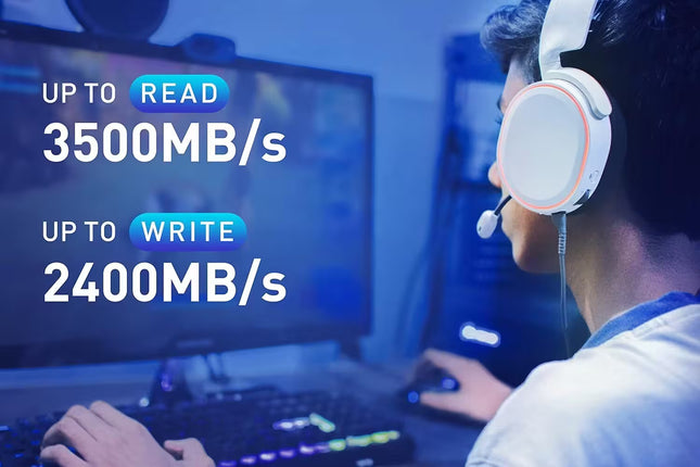 Lexar NM620 NVMe SSD performance graphic showing up to 3500MB/s read speed and up to 2400MB/s write speed for gaming and high-performance computing