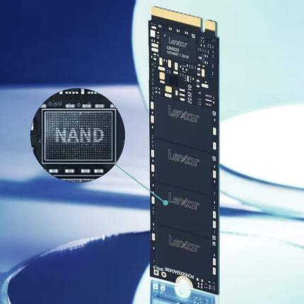 Lexar NM620 512GB M.2 NVMe SSD highlighting NAND flash memory chips and internal components for reliable high-speed storage.