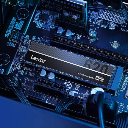 Lexar NM620 512GB M.2 NVMe PCIe Gen3x4 SSD installed in a desktop motherboard M.2 slot.