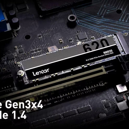 Lexar NM620 M.2 2280 NVMe SSD installed on a motherboard, highlighting PCIe Gen3x4 and NVMe 1.4 compatibility.