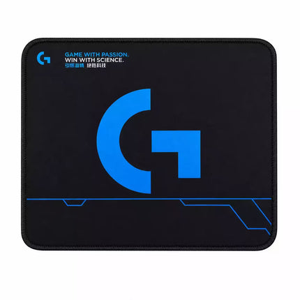 A black gaming mouse pad with a large blue G logo and blue text reading 'GAME WITH PASSION. WIN WITH SCIENCE.