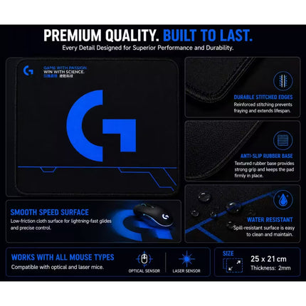 A promotional infographic for a black gaming mouse pad with a large blue G logo, showing product features like stitched edges, anti-slip rubber base, smooth speed surface, water resistance, and dimensions on a dark blue background.
