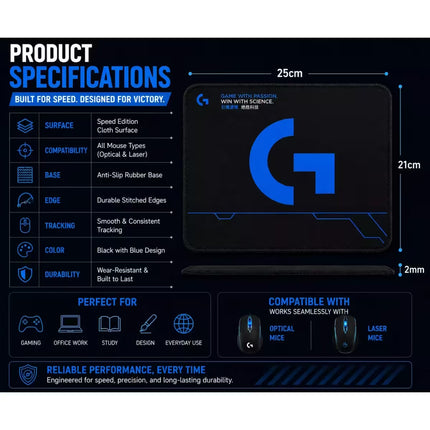 Product specifications and features graphic for a gaming mouse pad. The pad is shown in black with a large blue G logo and blue circuit-like accents.