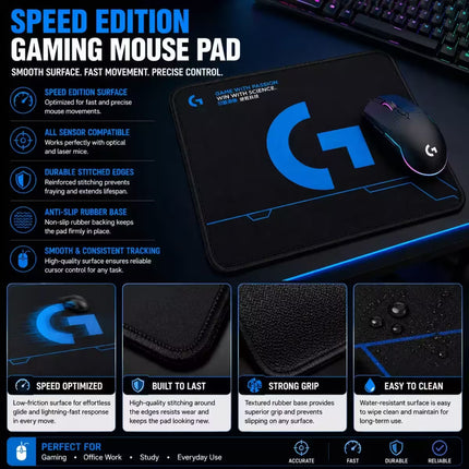 A promotional infographic for a gaming mouse pad in the 'Speed Edition'. The main product shown is a large black mouse pad with a blue glowing G logo and blue LED strip lighting, with a matching black gaming mouse on top.