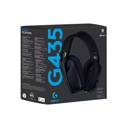 "Product packaging box of the Logitech G435 LIGHTSPEED wireless gaming headset in black, displaying the headset illustration, technical specifications, and key features."