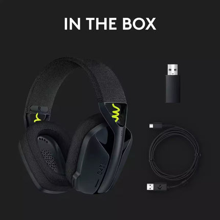 "An 'In The Box' product layout showing the black Logitech G435 headset alongside its included accessories: a USB-A LIGHTSPEED wireless receiver and a USB-C charging cable."