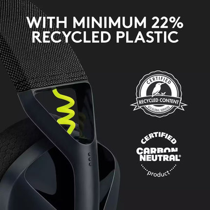 "A close-up view of the Logitech G435 headset frame, highlighting the lime green inner cable and badges certifying it is made with a minimum of 22% recycled plastic and is Carbon Neutral."
