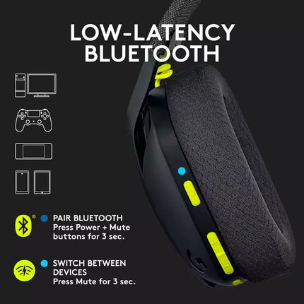 "An infographic explaining the low-latency Bluetooth features of the Logitech G435 headset, showing compatible devices like PC, console, Switch, and mobile, with instructions on how to pair and switch between devices using the physical buttons."
