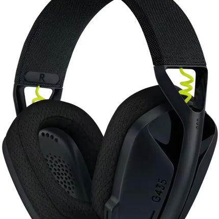 "A three-quarter studio shot of the black Logitech G435 wireless gaming headset, showcasing the breathable mesh fabric earpads, exposed lime green cables, and the 'G435' model text on the ear cup."