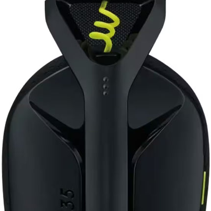 "A side profile view of the Logitech G435 ear cup in black, highlighting the glossy and matte plastic finishes, the embedded beamforming microphone holes, and the Logitech 'G' logo."