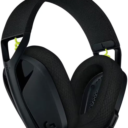 "An angled perspective shot of the Logitech G435 headset from the left side, showing the interior of the ear cup, the 'L' left indicator, and the textured fabric headband."
