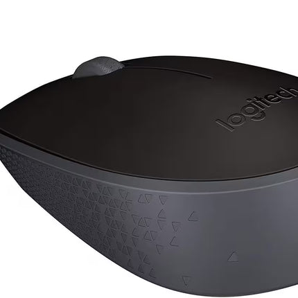 Front angled view of the Logitech M171 wireless mouse in black, featuring a compact ergonomic design, textured side grips, and a scroll wheel, with icons highlighting a 10-meter wireless range and up to 12 months of battery life.