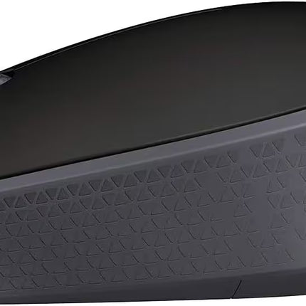 Side view of the Logitech M171 wireless mouse in black, showcasing its slim ergonomic profile and textured side surface for a secure, comfortable grip.
