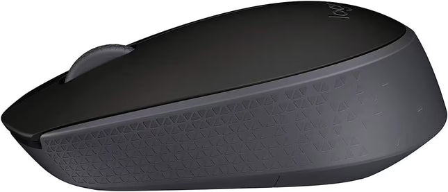 Side view of the Logitech M171 wireless mouse in black, showcasing its slim ergonomic profile and textured side surface for a secure, comfortable grip.