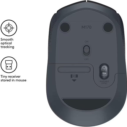 Bottom view of the Logitech M171 wireless mouse, showing the optical sensor, power on/off switch, and built-in storage compartment for the USB receiver, with icons indicating smooth optical tracking and receiver storage.