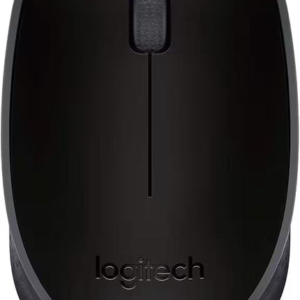 Top view of the Logitech M171 wireless mouse in black, displaying the left and right click buttons, textured scroll wheel, and Logitech logo.