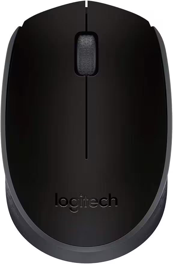 Top view of the Logitech M171 wireless mouse in black, displaying the left and right click buttons, textured scroll wheel, and Logitech logo.