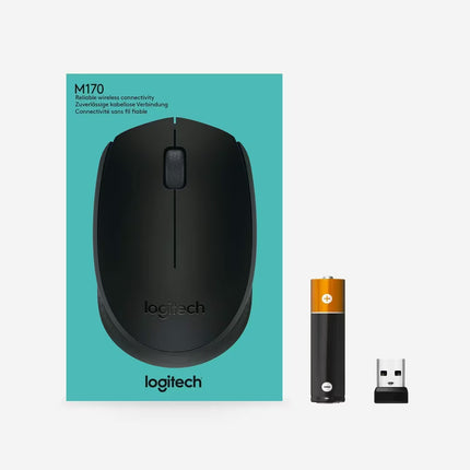 Retail packaging of the Logitech M171 wireless mouse in black alongside the included AA battery and compact USB receiver.