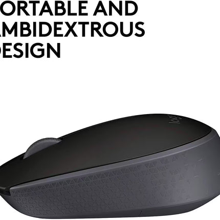 Side profile of the Logitech M171 wireless mouse with the text "Portable and Ambidextrous Design," highlighting its compact shape and comfortable use for both left- and right-handed users.