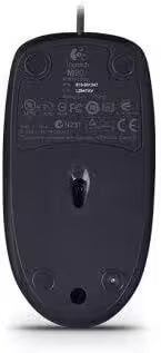 Front View: Logitech M90 USB wired mouse in black with a minimalist design, featuring left and right buttons, a centered scroll wheel, and the Logitech logo on the lower front.