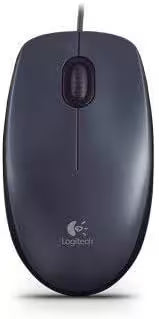 Bottom View: Bottom of the Logitech M90 wired mouse showing the optical sensor, glide feet, regulatory information, and USB cable entry.