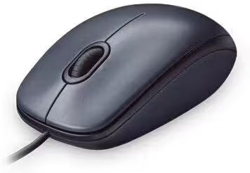 Angled Front View: Three-quarter view of the Logitech M90 black wired mouse highlighting its ergonomic curved shape, scroll wheel, and smooth matte finish.