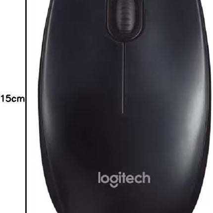 Size Reference: Top view of the Logitech M90 wired mouse with dimensions displayed, showing an approximate size of 15 cm height and 12 cm width.