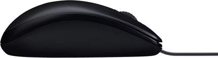 Side Profile: Side view of the Logitech M90 USB wired mouse showing its low-profile ergonomic shape and attached USB cable.