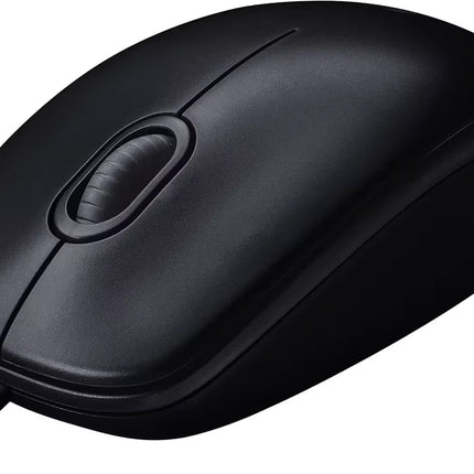 Close-Up View: Close-up of the Logitech M90 mouse emphasizing the textured scroll wheel, smooth buttons, and matte black finish.