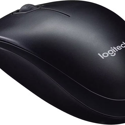 Perspective View: Angled perspective of the Logitech M90 USB wired mouse showcasing its compact ambidextrous design, wired connection, and Logitech branding.