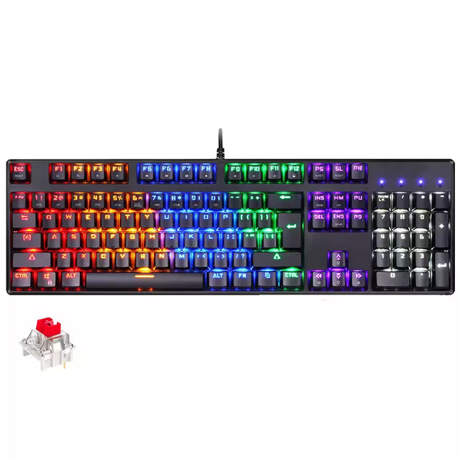 Mechanical keyboard with RGB lighting and a switch on a white background