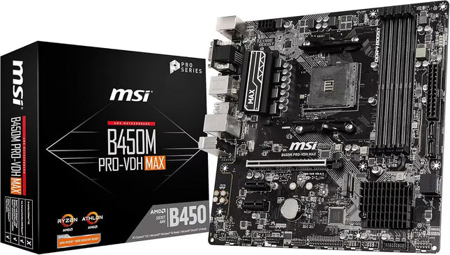 MSI B450M Pro-VDH Max motherboard with packaging