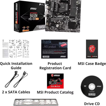 MSI motherboard package with components including motherboard, box, cables, and documentation.