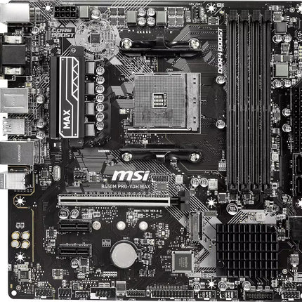 MSI computer motherboard with various components on a black background