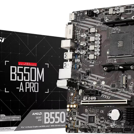 MSI B550M-A PRO motherboard packaging with the motherboard displayed on a white background