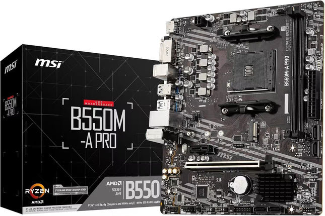 MSI B550M-A PRO motherboard packaging with the motherboard displayed on a white background