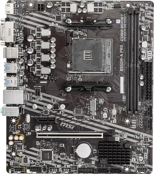 MSI computer motherboard with various components on a black background