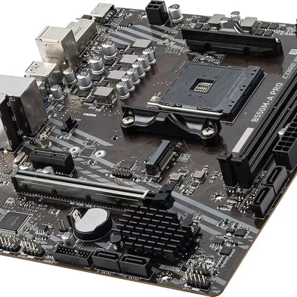 Computer motherboard with various components on a white background