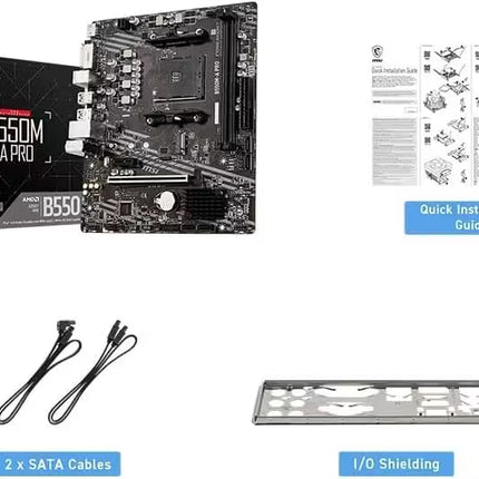 MSI B550M-A Pro motherboard with packaging, cables, and installation guide on a white background