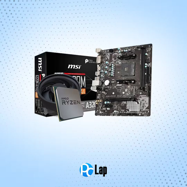 Computer hardware components including a motherboard, AMD Ryzen CPU, and MSI box on a light blue background.