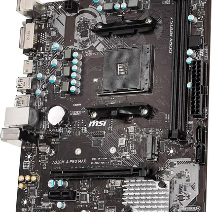 MSI computer motherboard with various components on a white background