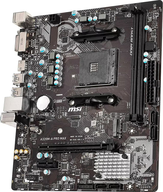 MSI computer motherboard with various components on a white background