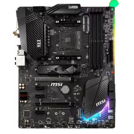 MSI MAX-Carbon gaming motherboard featuring a black and dark gray PCB with carbon fiber textured heatsinks, RAM slots, and RGB lighting accents.