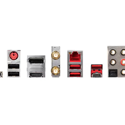 A row of computer motherboard rear panel I/O connectors and ports on a plain white background, including USB, HDMI, BNC, RJ45, audio, and power connectors.
