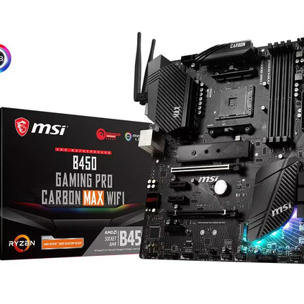 MSI B8450 Gaming Pro Carbon Max WiFi AMD Ryzen 5 5600X processor motherboard package shown next to the black motherboard itself, with RGB lighting accents and a circular RGB icon on a white background.